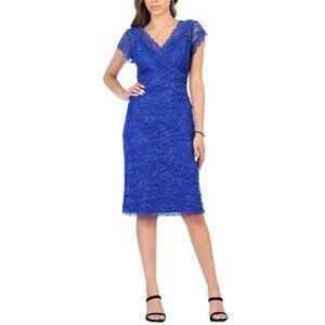 Marina Dress 16 Blue Stretch Lace Wedding Party Cruise V Neck Short Sleeve